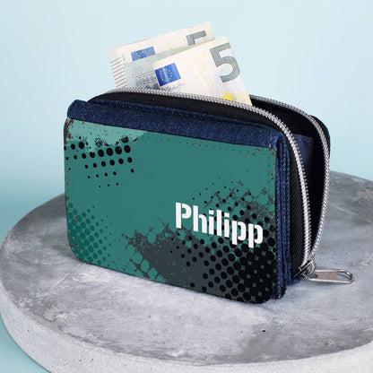 Jeansgeldbörse für Kinder mit grünem Motiv und Name