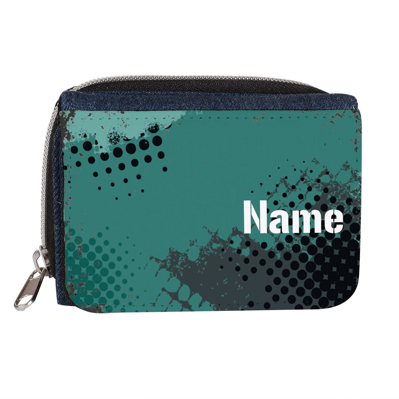 Kleine Geldbörse in Jeansoptik für Kinder mit grünem Motiv und Name