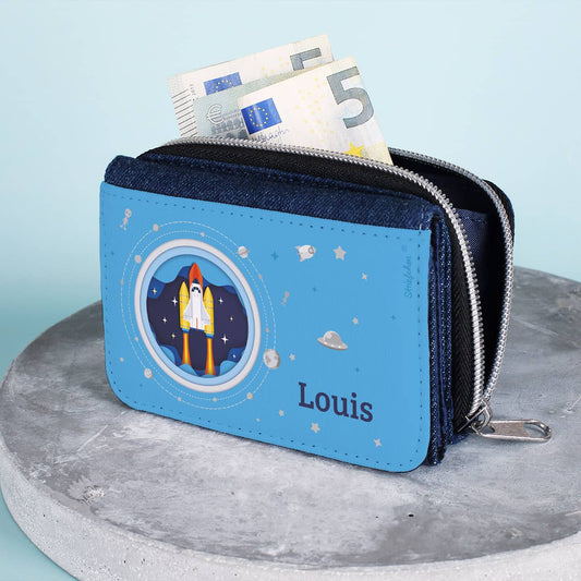 Raumschiff Motiv und Name auf Jeansgeldbörse
