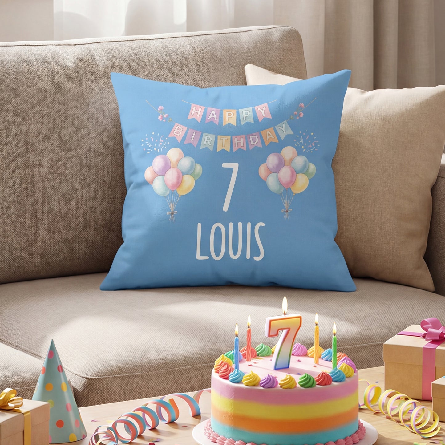 Blaues personalisiertes Geburtstagskissen mit Ballons, Zahl 7 und Name Louis auf dem Sofa
