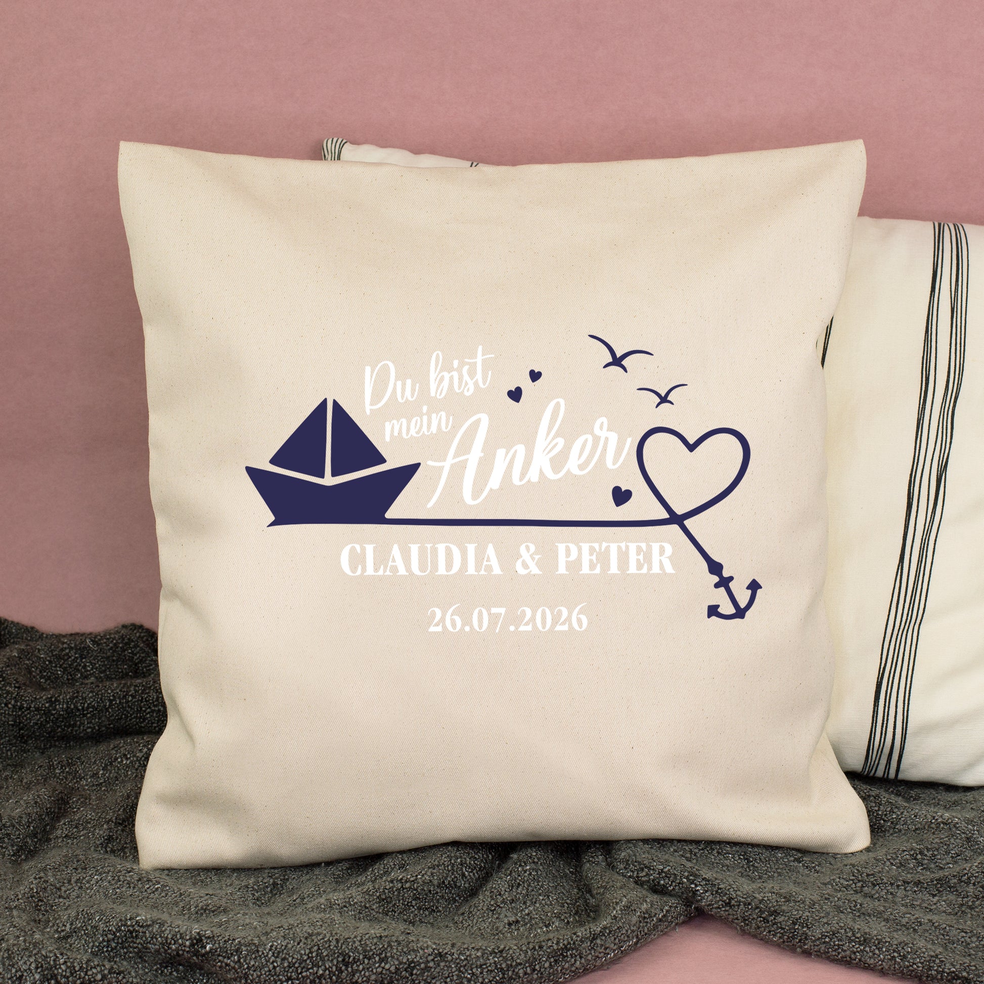 Natur Kissen mit Anker Motiv und Namen als Geschenk zum Jahrestag oder Valentinstag