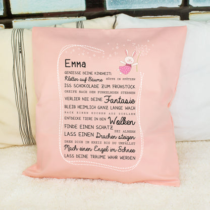 Rosa personalisiertes Kinderkissen mit Name Emma und Kindheit Spruch für Mädchen