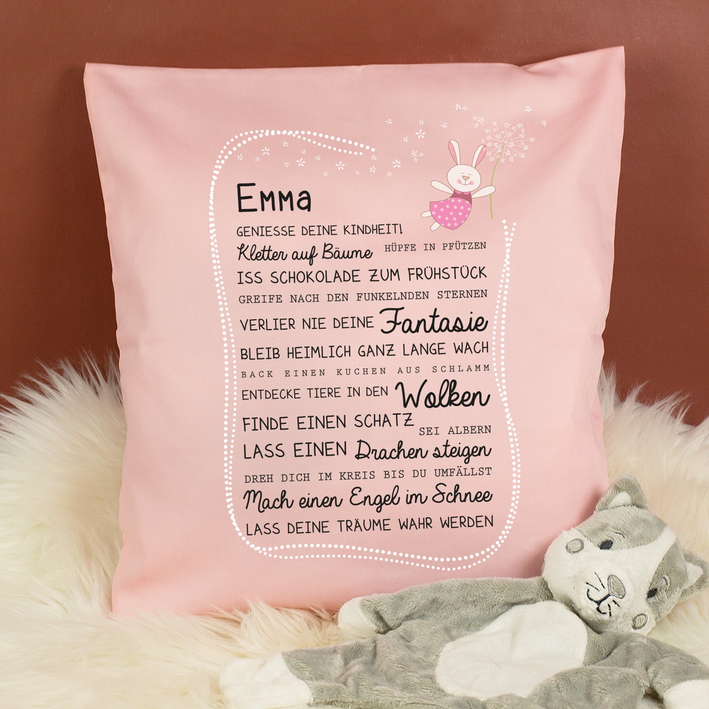 Rosa Kissen für Mädchen mit Name Emma, Kindheit Spruch und Kuscheltier