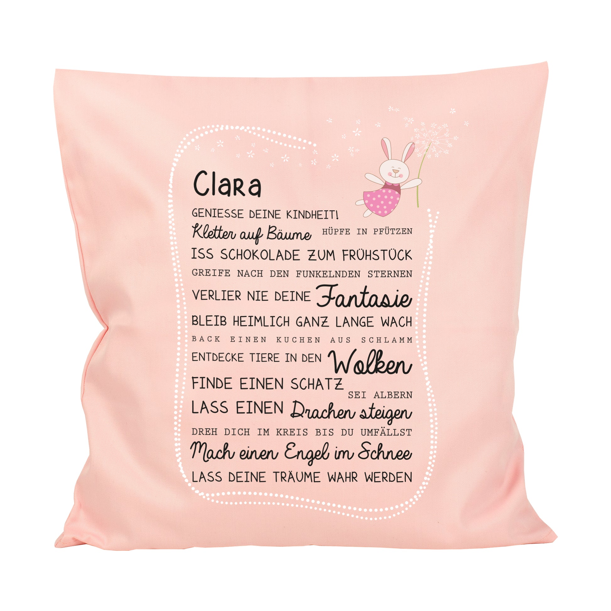 Rosa Kinderkissen mit Name Clara, Kindheit Spruch und Hasen Motiv auf weißem Hintergrund