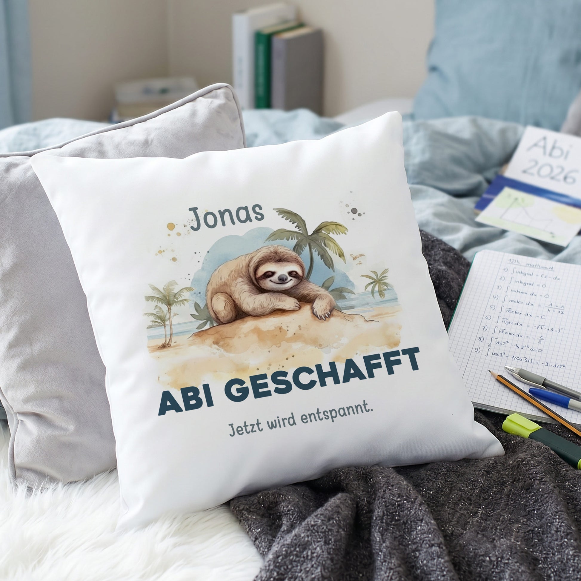 Bedrucktes Kissen zum Abitur mit Faultier Motiv und Wunschtext