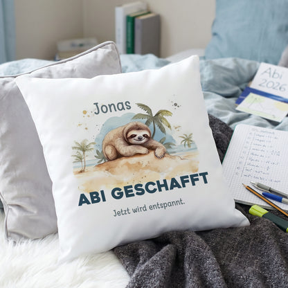 Bedrucktes Kissen zum Abitur mit Faultier Motiv und Wunschtext