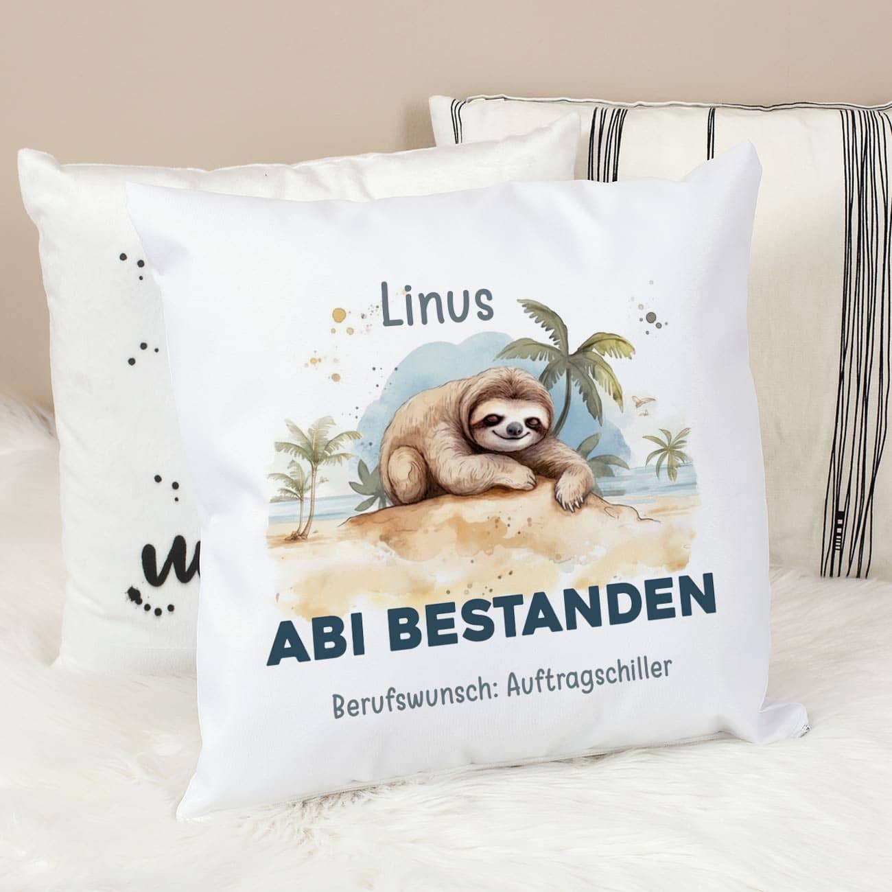 ABI & Schulabschluss - Kissen mit Faultier, Name und Wunschtext