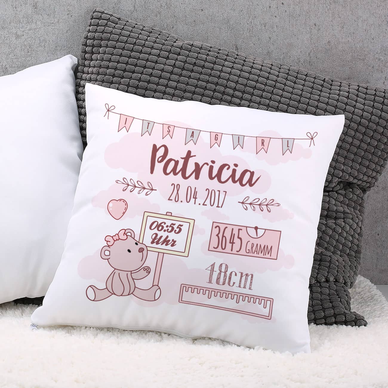Kissen mit Angaben zur Geburt