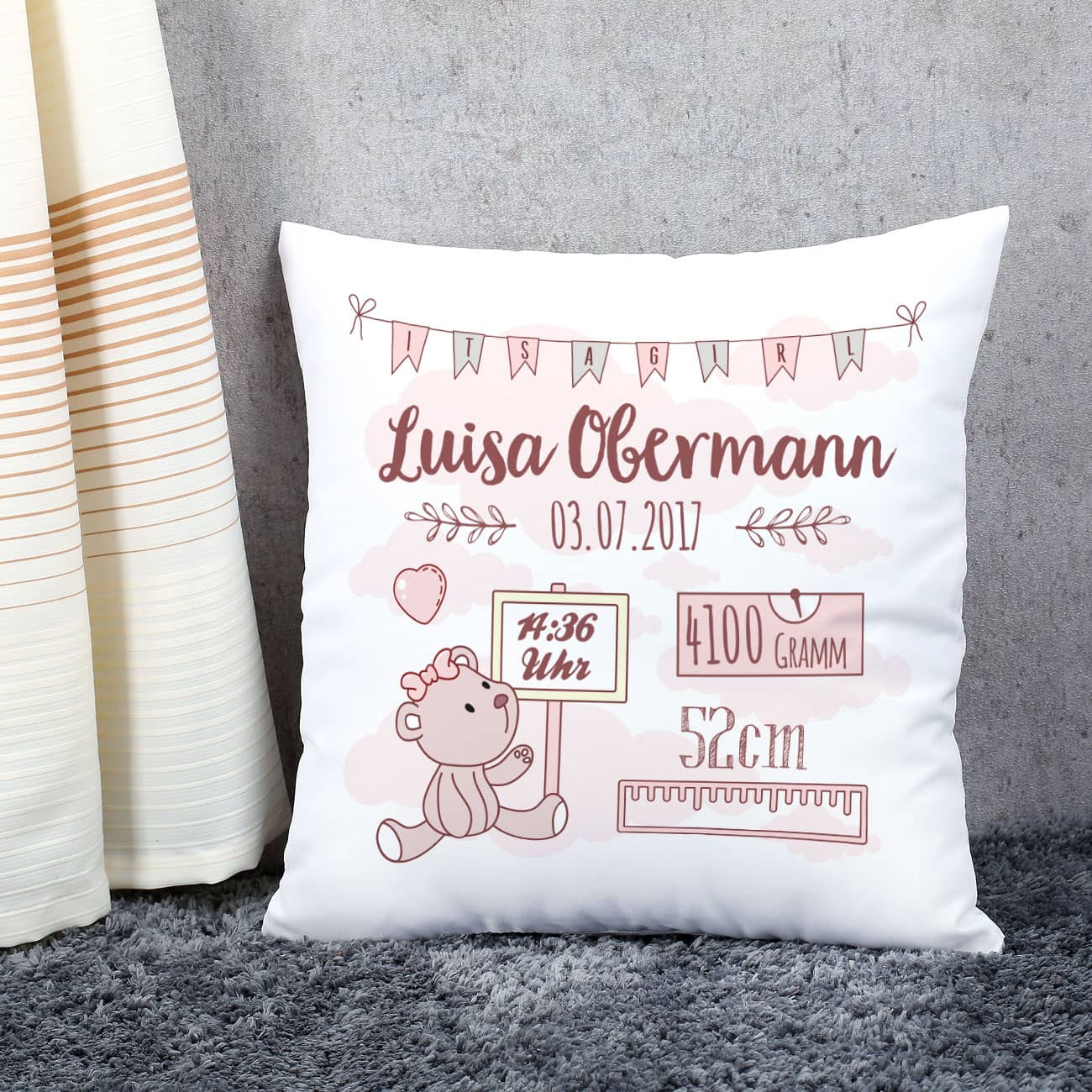 Kissen zur Geburt mit Teddy und Angaben