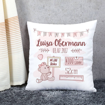 Kissen zur Geburt mit Teddy und Angaben