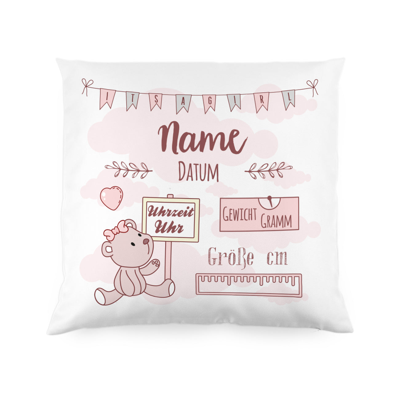 Kissen mit Teddy und Angaben zur Geburt