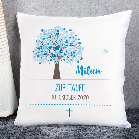 Taufkissen mit Lebensbaum in blau, Name, Datum und Wunschtext