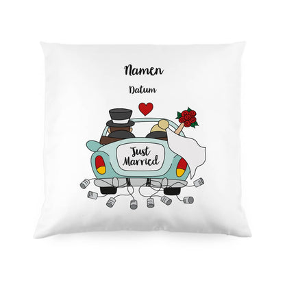Zierkissen mit Hochzeitsauto, Wunschnamen und Wunschdatum bedruckt