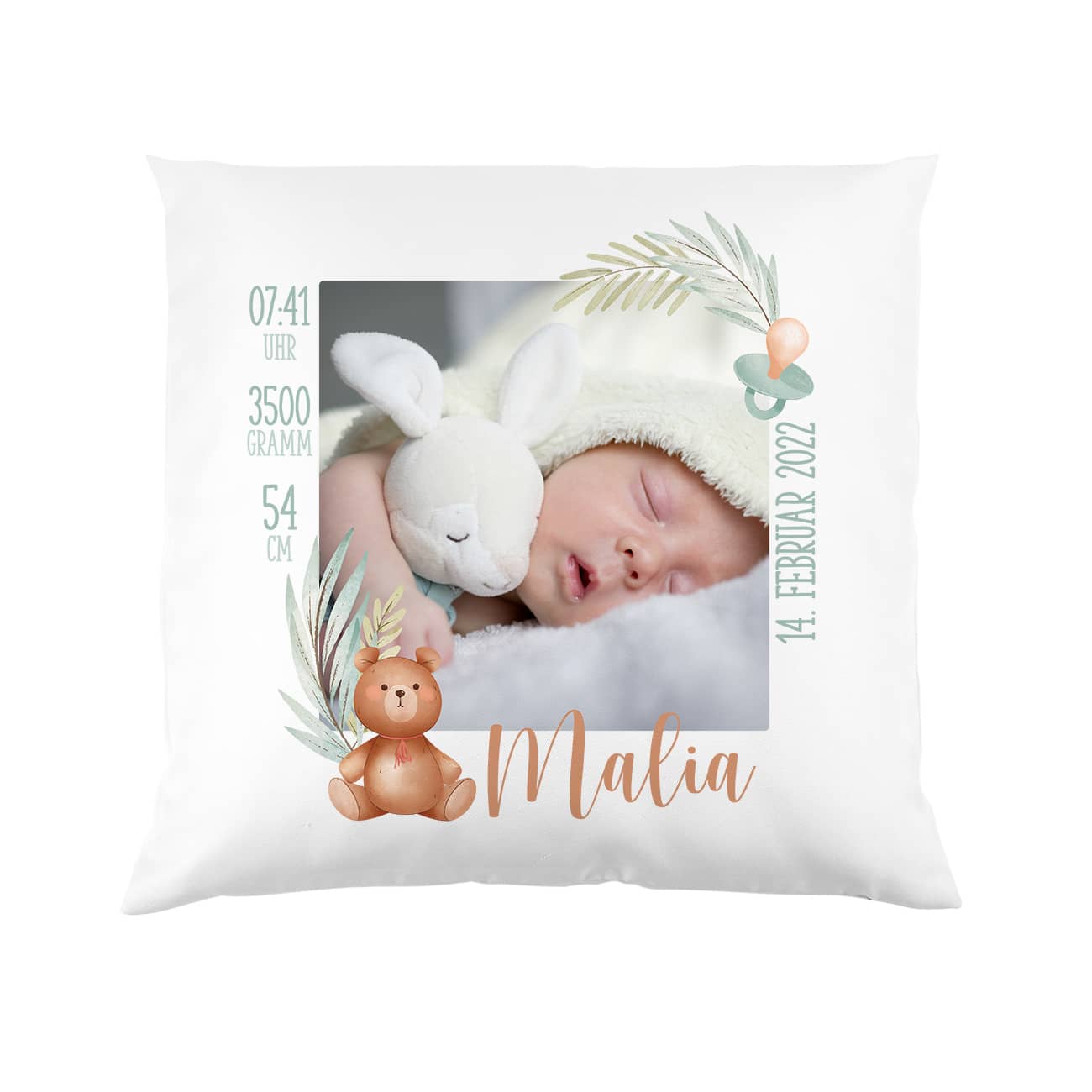 Fotokissen zur Geburt mit Daten personalisiert