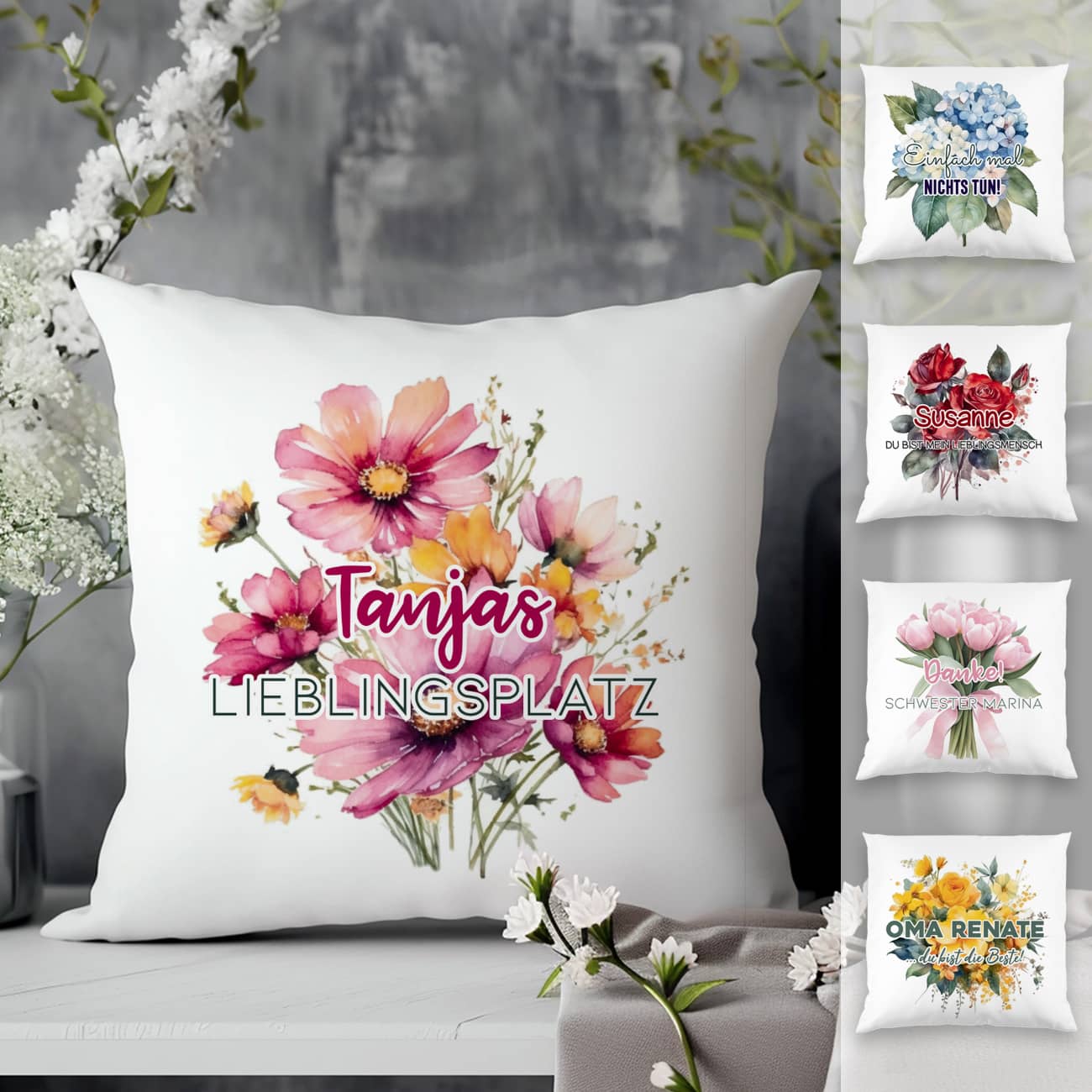 Blumenkissen mit Ihrem Text - verschiedene Motiv auswählbar