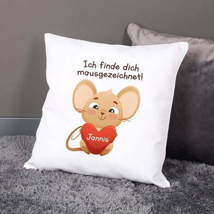 Personalisierbares Kissen mit Maus und Herzmotiv mit Name Jannis im Herz als romantische Deko im Wohnzimmer