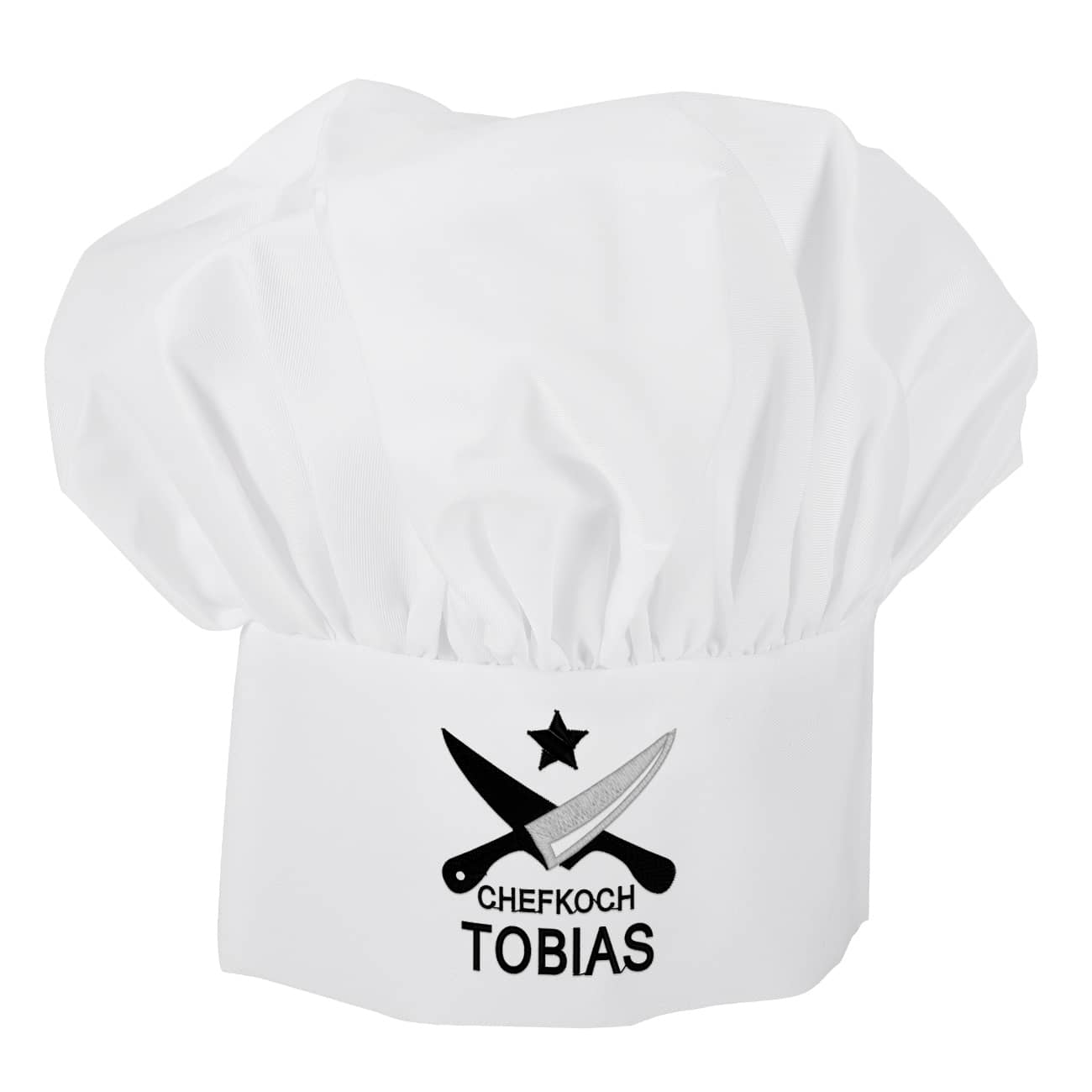 Chefkoch-Mütze bestickt mit kreuzenden Messern, Stern und Ihrem Wunschnamen