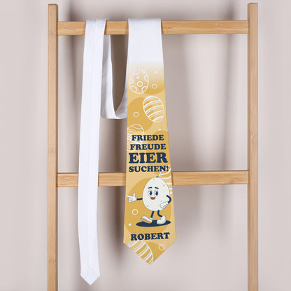 Oster-Krawatte mit Wunschname und Spruch „Friede, Freude, Eier suchen!“
