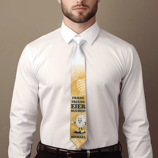 Oster-Krawatte mit Wunschname und Spruch „Friede, Freude, Eier suchen!“