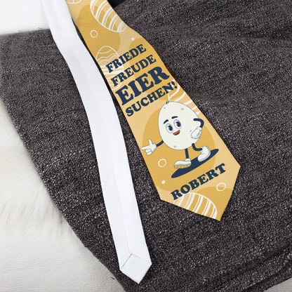 Oster-Krawatte mit Wunschname und Spruch „Friede, Freude, Eier suchen!“
