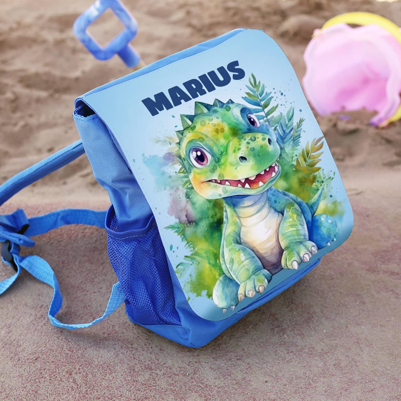 Rucksack mit Dino und Name bedruckt