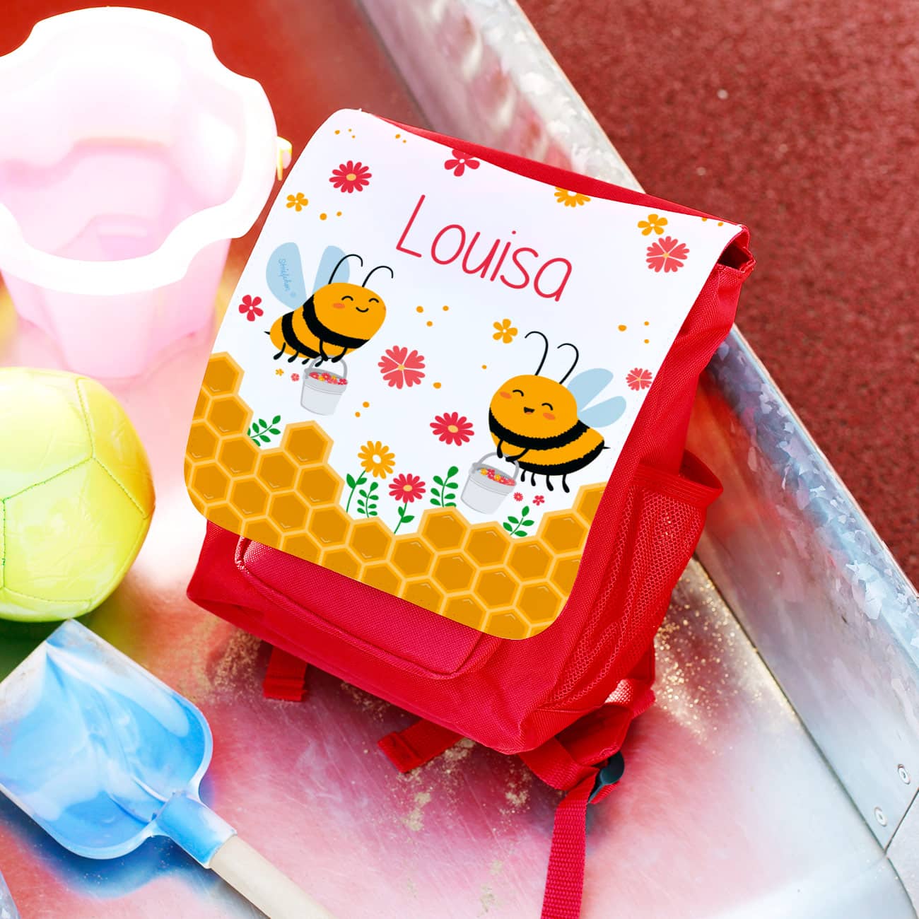 Personalisierter Kindergartenrucksack mit Name und Bienchen bedruckt