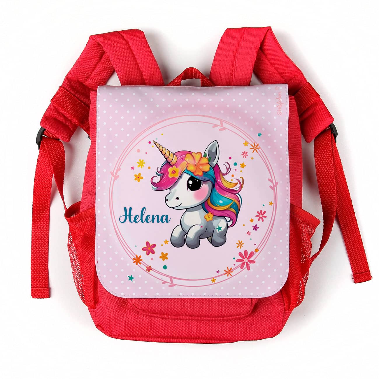 Roter Kinderrucksack mit Einhorn und Name