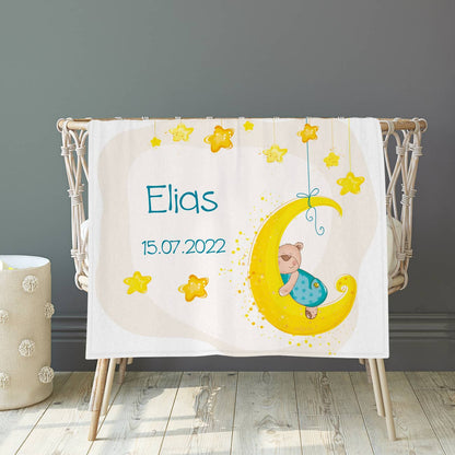 Kuscheldecke zur Geburt mit Bärchen Motiv, Name und Datum bedruckt