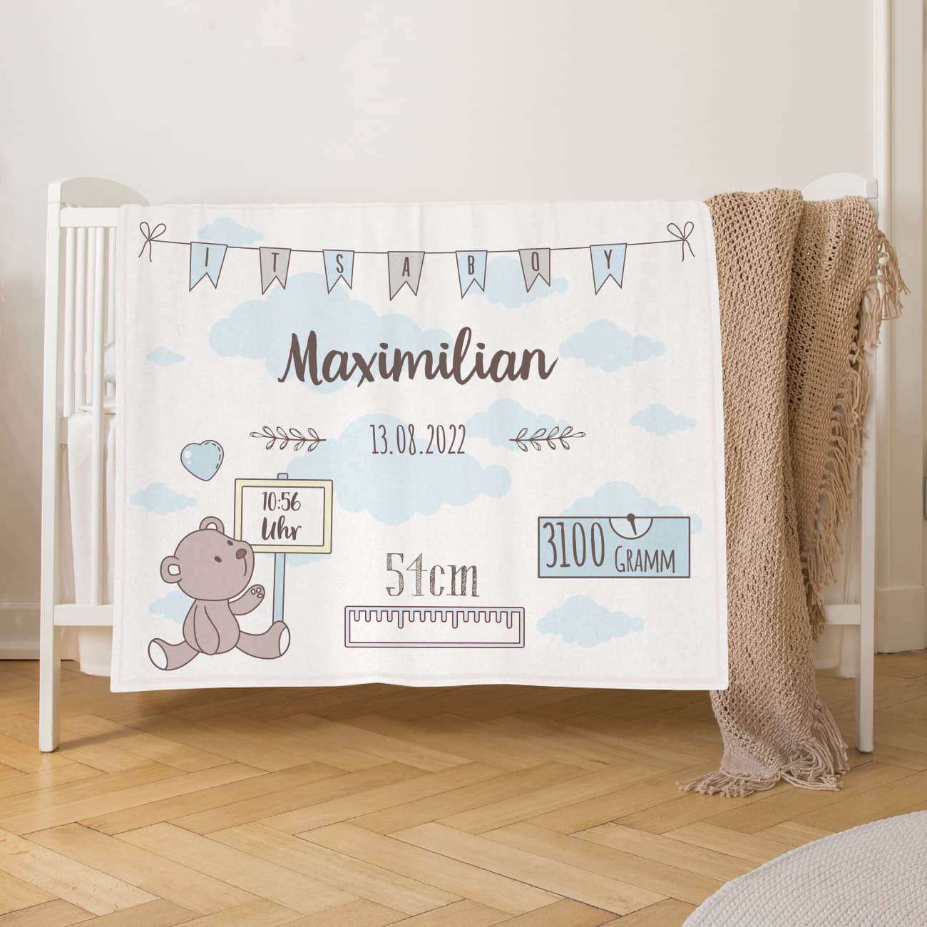 Kuscheldecke zur Geburt mit Teddy Motiv, Name, Datum, Uhrzeit, Größe und Gewicht bedruckt