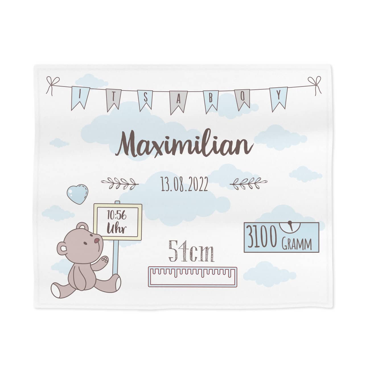 Mit Name, Datum, Uhrzeit, Größe und Gewicht bedruckt