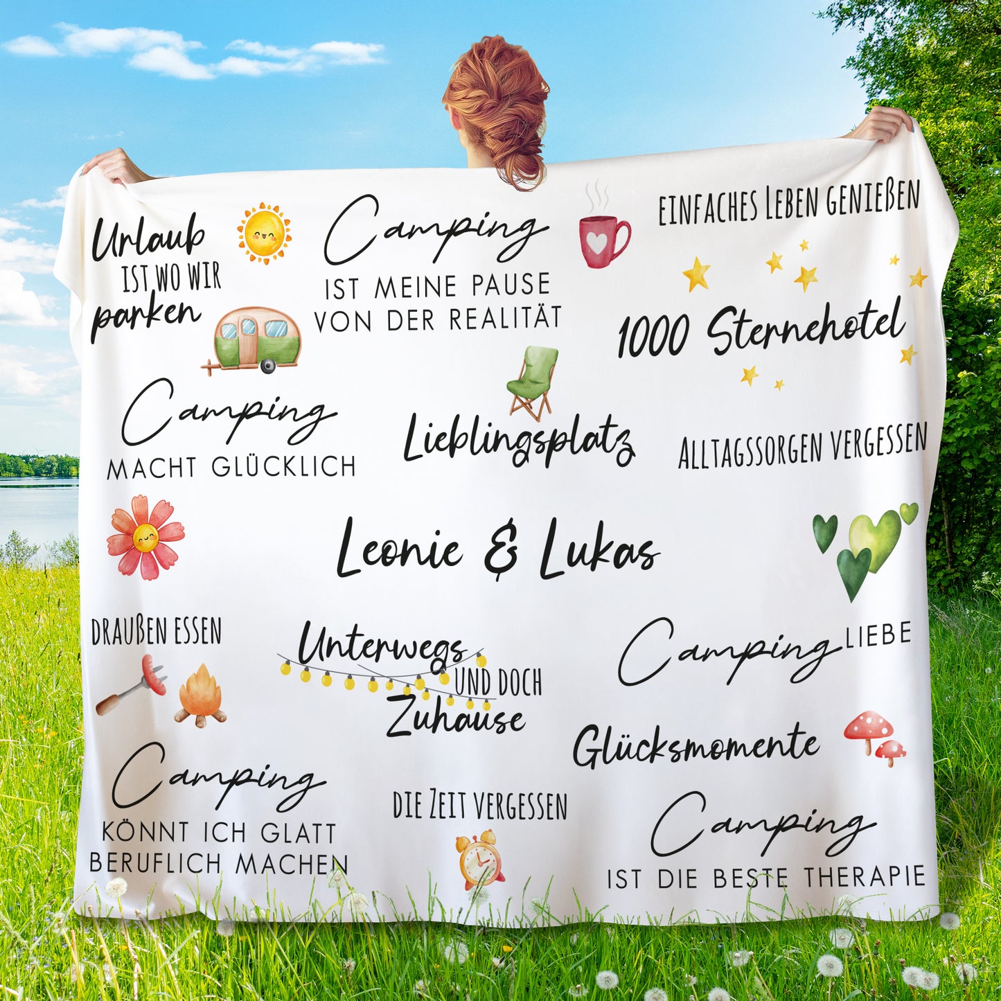 Camping-Kuscheldecke mit personalisiertem Text – ideal für Outdoor-Abenteuer und Wohnmobil-Reisen