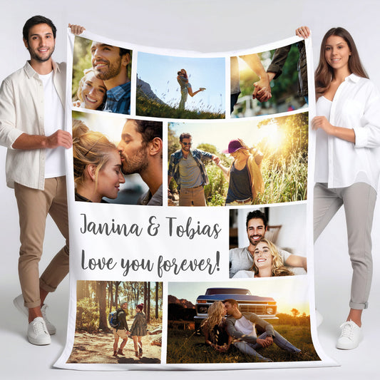 Personalisierte Kuscheldecke XXL mit 8 Fotos und Wunschtext in Schwarz-Weiß Design