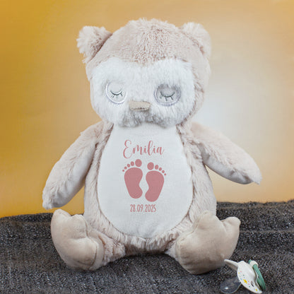 Kuscheltier Eule mit Babyfüßchen | Personalisiert mit Name & Datum zur Geburt & Taufe | Farbauswahl