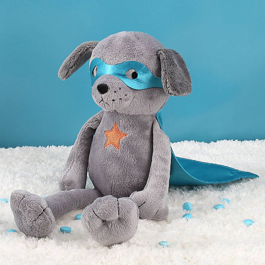 Superhund - Kuscheltier mit Ihrem Wunschnamen und Initial auf dem Cape