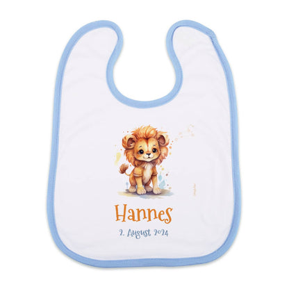 Weiß/blaues Lätzchen mit Sternzeichen, Name und Datum