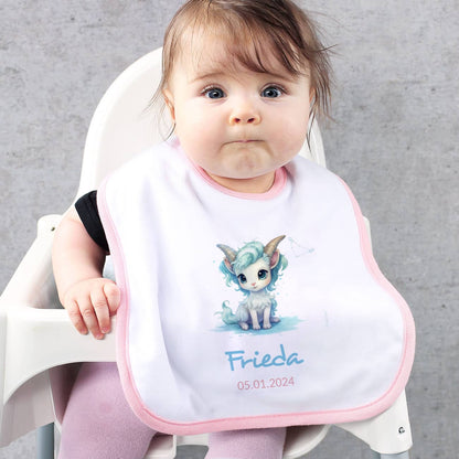 Weiß/rosa Lätzchen mit Sternzeichen, Name und Datum