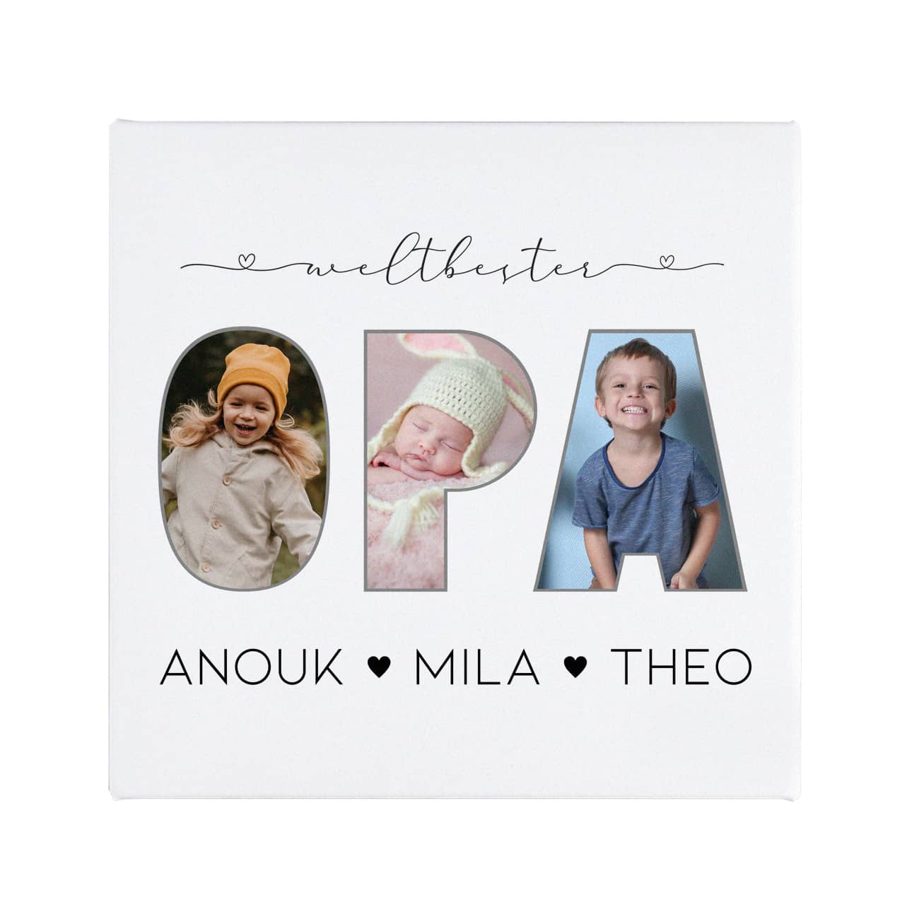 Foto-Leinwand - weltbester Opa - mit 3 Bildern & Wunschtext, 20x20 cm