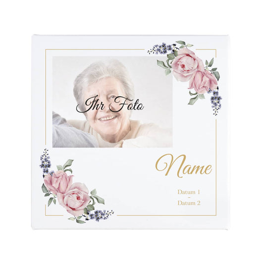 Gedenkleinwand mit Foto, Rosen, Name und Datum - 20 x 20