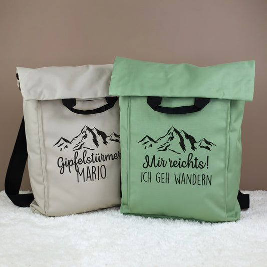 Personalisierter 2-in-1 Rucksack in Beige und Jadegrün mit Bergmotiv und Wunschtext