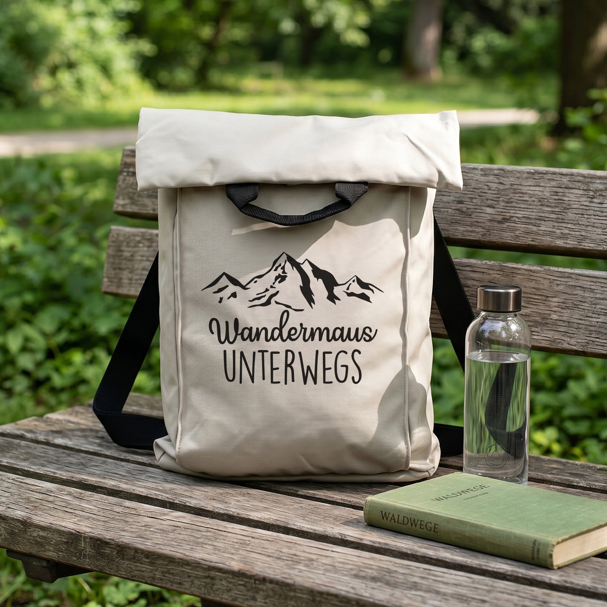 Beiger Wanderrucksack mit Bergmotiv und Wunschtext „Wandermaus unterwegs“ auf einer Parkbank