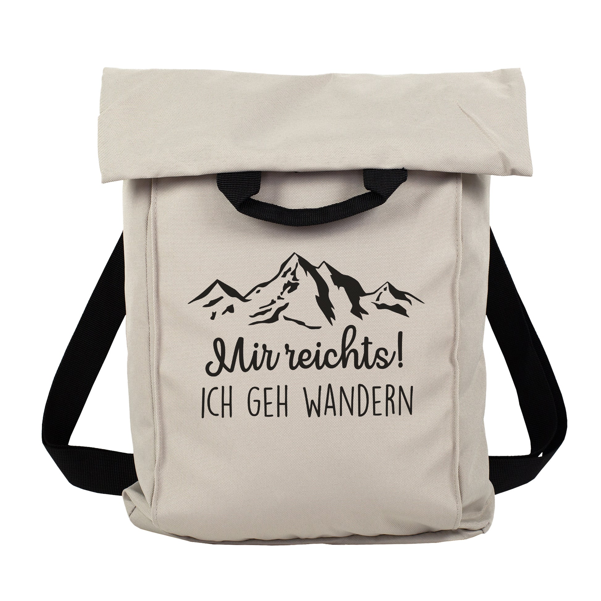 Beiger Rucksack mit Bergmotiv und zweizeiligem Wunschtext zum Wandern