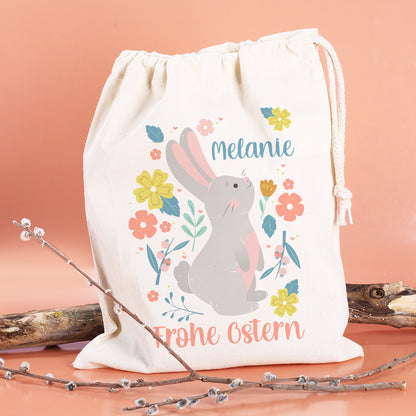 Individueller Osterbeutel mit niedlichem Hasen, Blumen & Wunschname