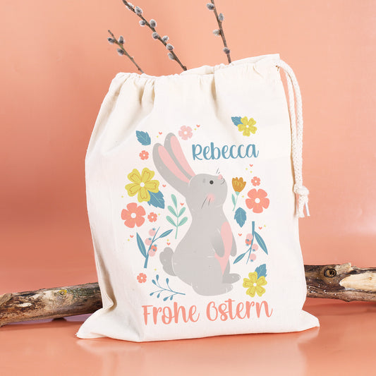 Individueller Osterbeutel mit niedlichem Hasen, Blumen & Wunschname