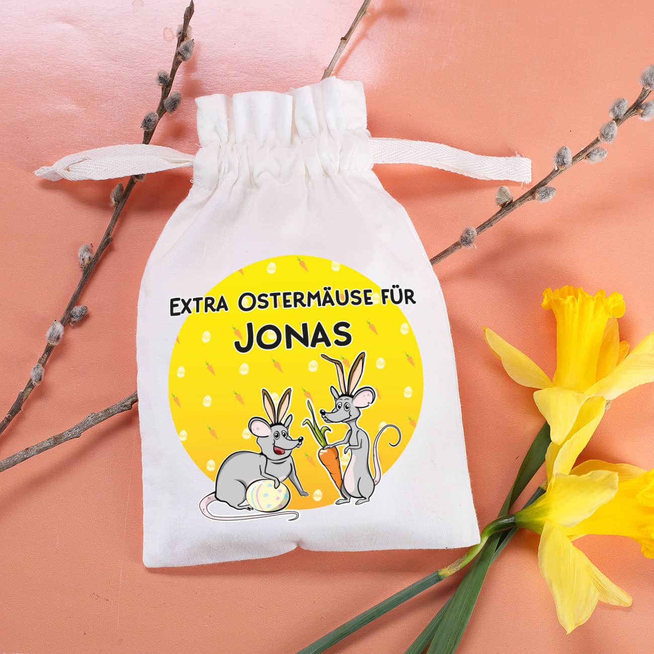 Stoffsäckchen zu Ostern mit Ihrem Wunschnamen und lustigen Ostermäusen
