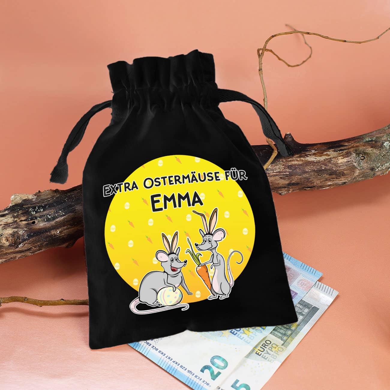 Bedruckter Stoffsack "Extra Ostermäuse" als lustiges Geldgeschenk