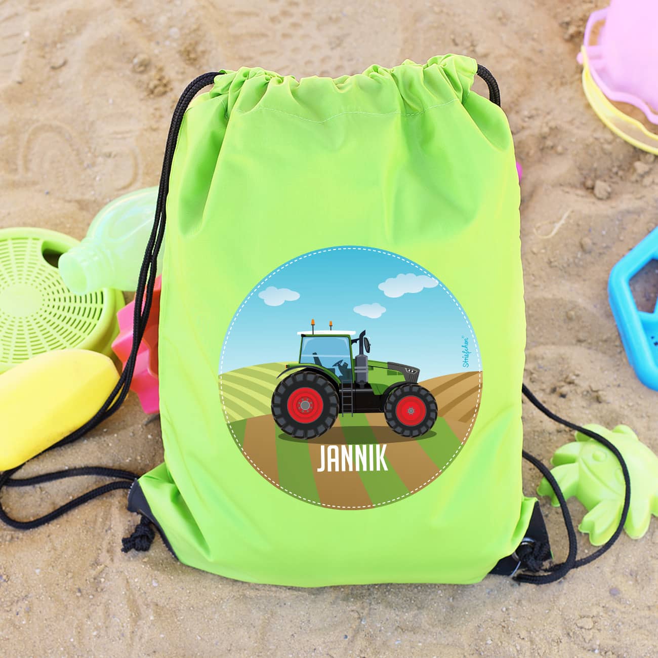 Grüner Sportbeutel mit Traktor und Name