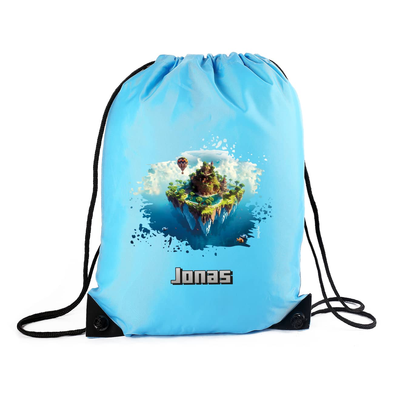 Pixel-Art Sportbeutel in hellblau mit Insel und Name
