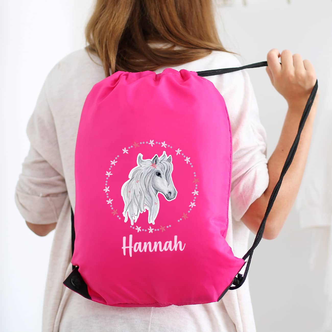 Sportbeutel mit Pferd, Blüten und Name