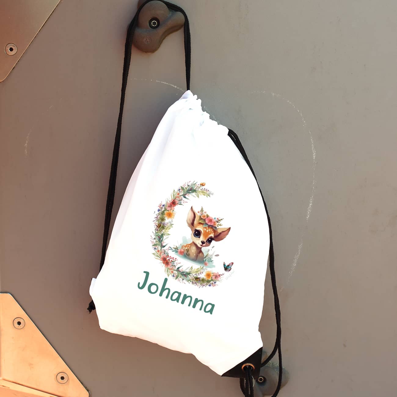 Sportbeutel für Schule & Freizeit mit Rehkitz & Name bedruckt