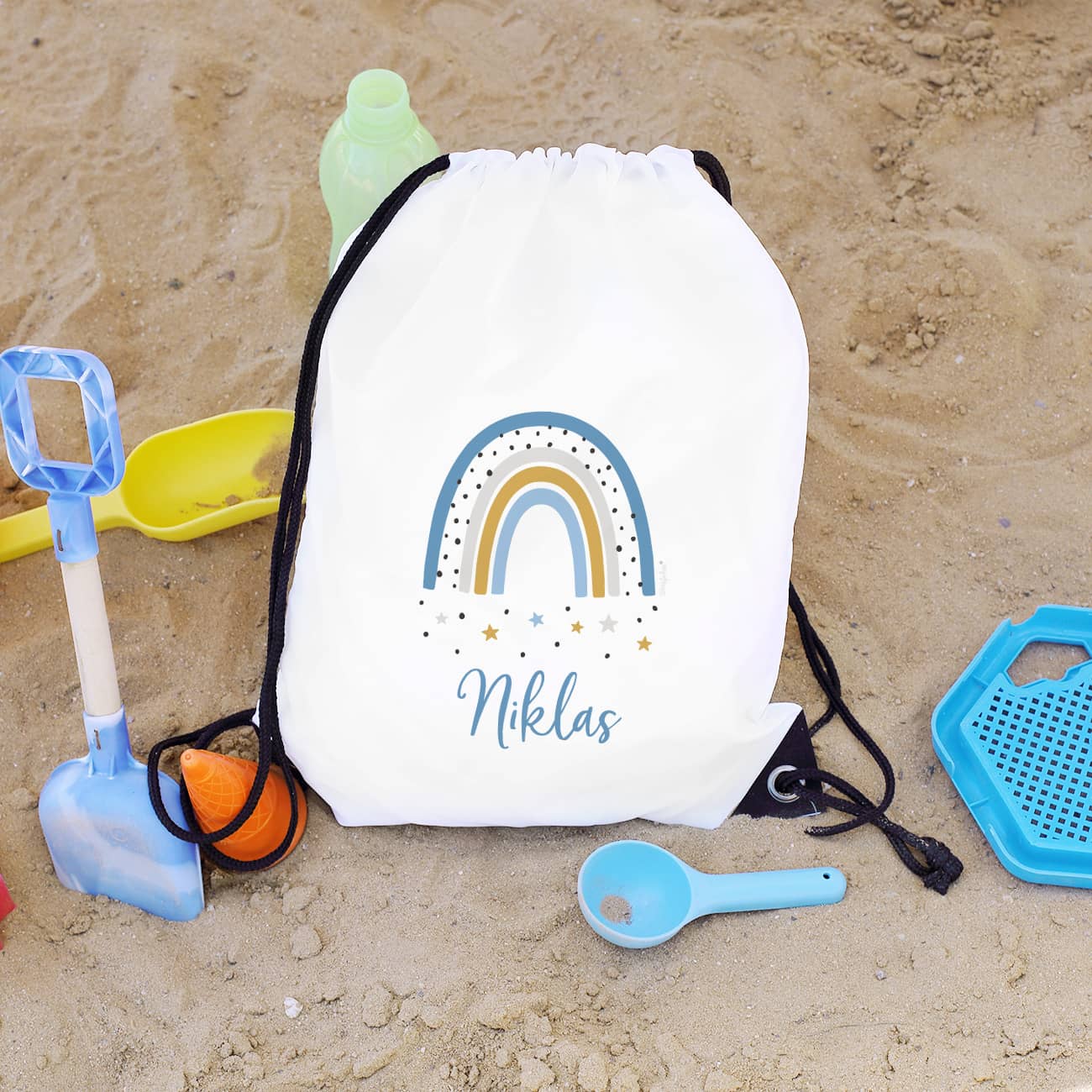 Turnbeutel mit Regenbogenmotiv und Name für Jungen